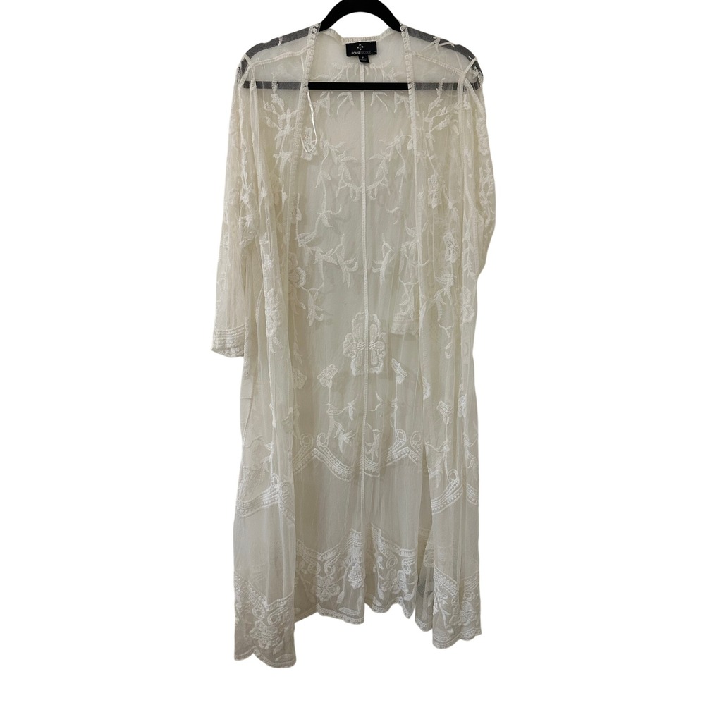 Ronni Nicole Women M Cream Floral Embroidered Lace Mesh Duster Cardigan Festival